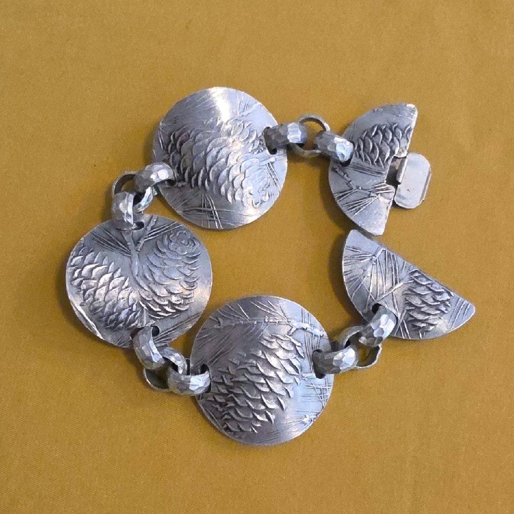 Vintage Hand-Hammered Aluminum Pinecone Bracelet By Wendell August Forge